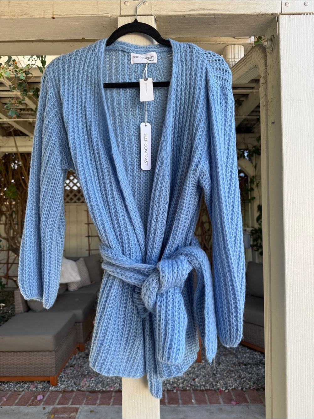 Self Contrast Light Blue Knit Tie-Waist Robe Cardigan